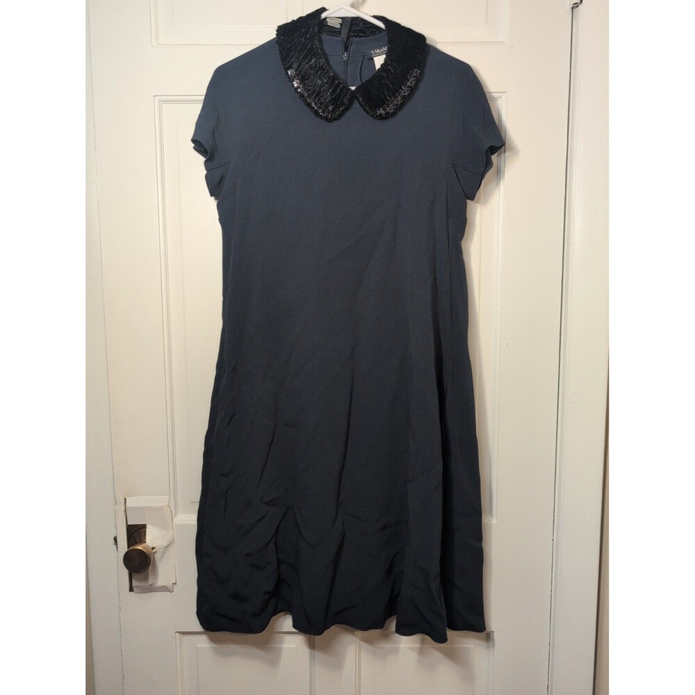 'S MAX MARA Navy Removable Faux Fur Jewel Neckline Short Sleeve Shift Dress Sz 8